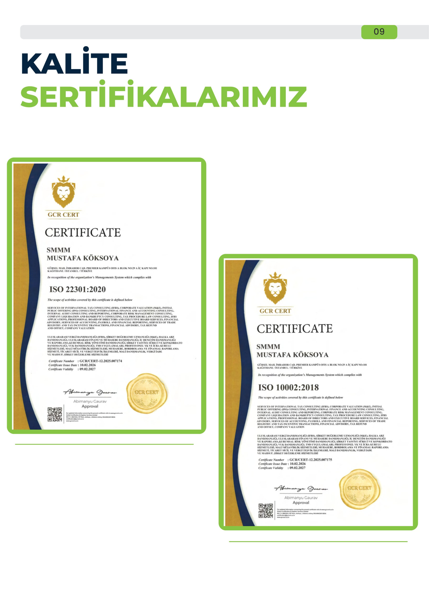 Kurumsal Özgeçmiş, sayfa 8 — Kalite Sertifikaları