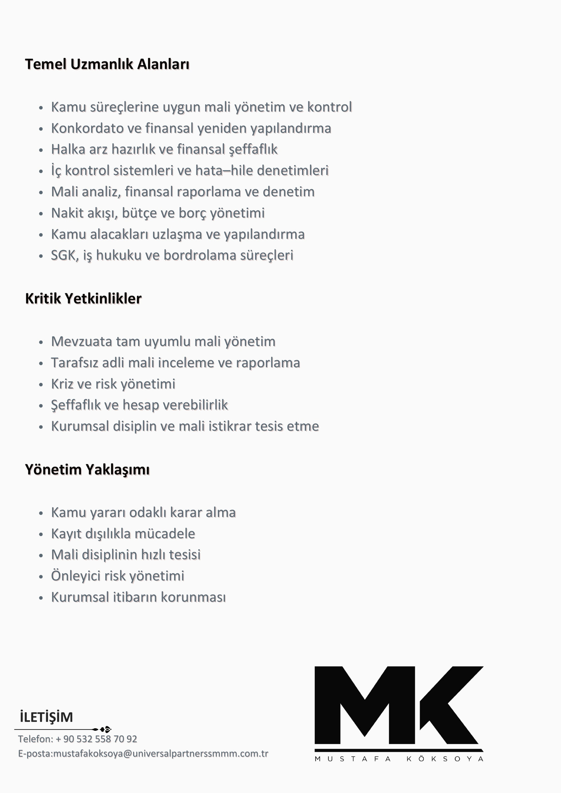 Özet CV, sayfa 2 — Uzmanlık, Yetkinlik ve Yönetim Yaklaşımı